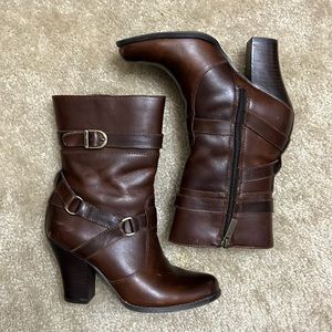 Brown high heeled Harley booties